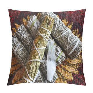 Personality  A Top View Image Of Several Smudge Sticks And Clear Quartz Crystal. Pillow Covers