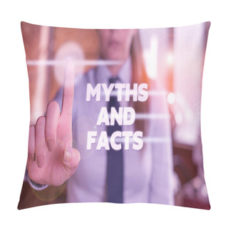 Personality  Word Writing Text Myths And Facts. Business Concept For Oppositive Concept About Modern And Ancient Period Blurred Woman In The Background Pointing With Finger In Empty Space. Pillow Covers