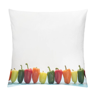 Personality  Fresh Colorful Bell Peppers In Row On Blue Surface On White Background Pillow Covers