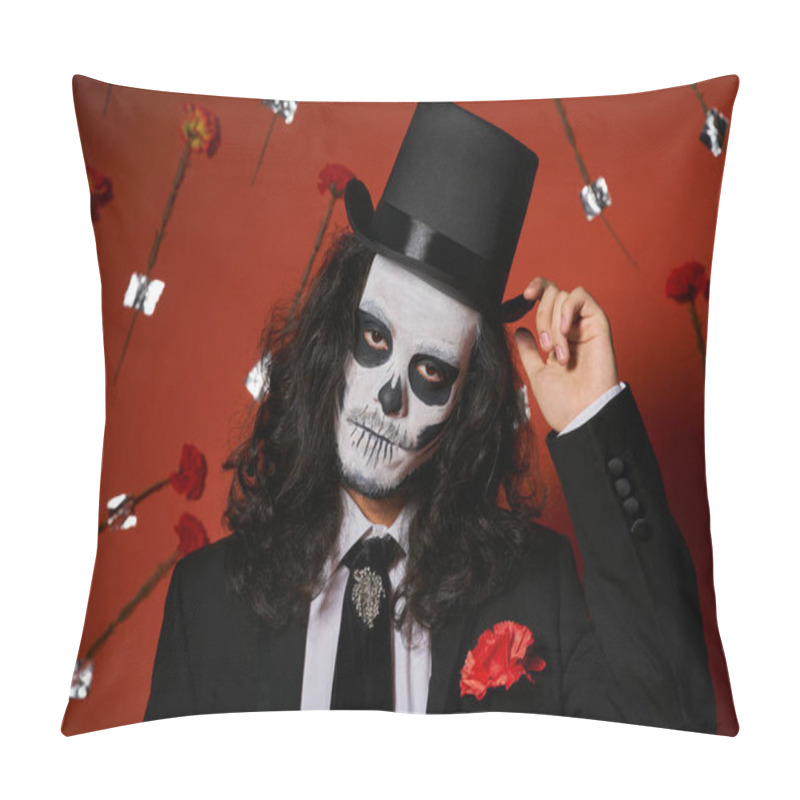 Personality  Extravagant Man In Skull Makeup Touching Top Hat On Red Backdrop With Carnations, Day Of Dead Pillow Covers