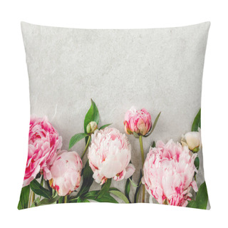 Personality  Beautiful Pink Peony Flowers On Gray Stone Table With Copy Space For Your Text. Flat Style, Top View Pillow Covers