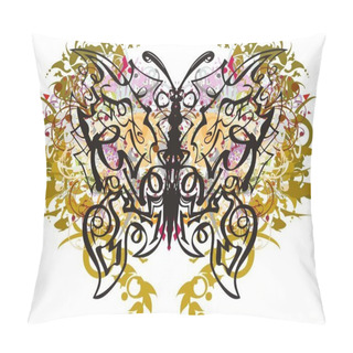 Personality  Abstract Linear Butterfly With Floral And Golden Splashes. Beautiful Colorful Butterfly Wings With Elements Of Feathers, Leaves And Floral Motifs For Your Design Pillow Covers