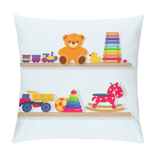 Personality  Set Of Different Kids Toys On Wooden Shelves Pillow Covers