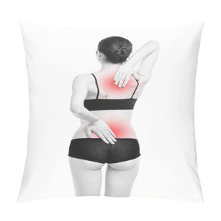 Personality  Woman With Backache. Pain In The Human Body Isolated On White Background Pillow Covers