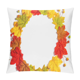 Personality  Autumn Frame Composition, Isolated On White Background. A Wreath From Colorful Maple Leaves And Berries, Flat Lay Pillow Covers