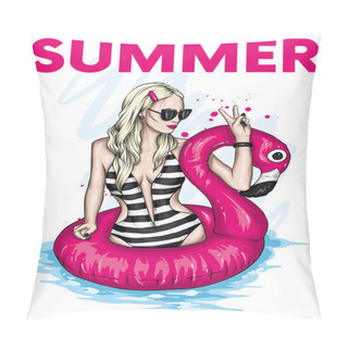 Personality  A Beautiful Girl In A Swimsuit With A Swimming Circle Looking Like A Flamingo. Sea, Vacation, Vacation. Vector Illustration, Sketch. Fashion & Style. Pillow Covers