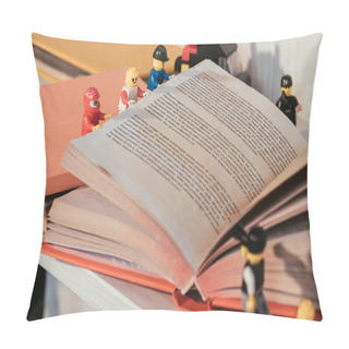 Personality  KYIV, UKRAINE - MARCH 15, 2019: Selective Focus Of Colorful Plastic Lego Minifigures Turning Book Page  Pillow Covers