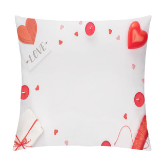 Personality  Top View Of Gift Box, Paper Hearts And Greeting Card With 'love' Lettering Isolated On White With Copy Space, St Valentines Day Concept Pillow Covers