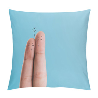 Personality  Cropped View Of Loving Couple Of Fingers Kissing Isolated On Blue Pillow Covers