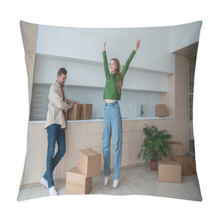 Personality  Joyous Married Couple Embarks On New Chapter As Move Into New Home. Pleased Husband And Overjoyed Wife Share Triumphant Look Moving To New Light Apartment. Happy Woman Joy Jumping Feeling Housewarming Pillow Covers