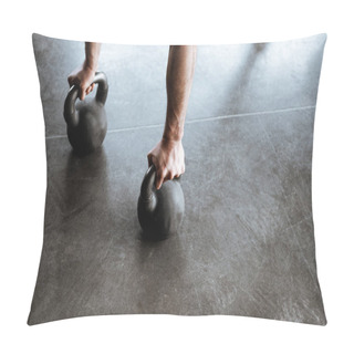 Personality  Cropped View Of Strong Sportsman Doing Plank Exercise With Heavy Dumbbells  Pillow Covers