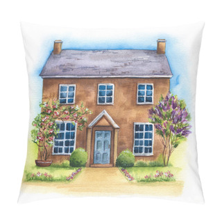 Personality  Traditional Two-storied English House On A Green Lawn With Lilac On White Background. Watercolor Hand Drawn Illustration Of British Cottage With Garden And Sky Pillow Covers