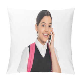 Personality  Digital Age, Positive Schoolgirl With Backpack Talking On Smartphone Isolated On White, Student Life Pillow Covers
