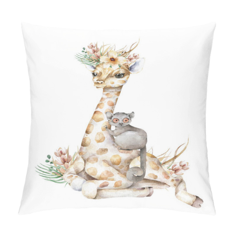 Personality  Poster with giraffe. Watercolor cartoon giraffe tropical animal illustration. Jungle exotic summer design pillow covers