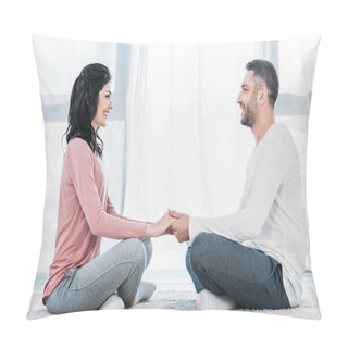 Personality  Smiling Man And Woman In Casual Clothes Sitting In Lotus Pose, Meditating And Holding Hands At Home Pillow Covers