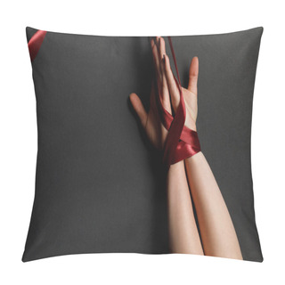 Personality  Cropped View Of Female Hand Tied With Satin Red Ribbon On Black Background Pillow Covers