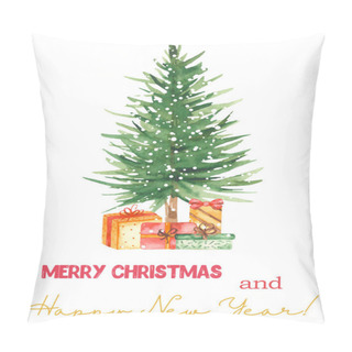 Personality  Watercolor Christmas Card With Christmas Tree And Gifts Pillow Covers
