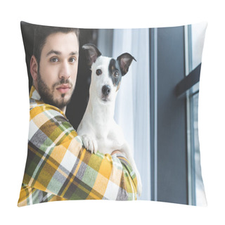 Personality  Bearded Man Holding Jack Russell Terrier Dog And Standing At Window Pillow Covers