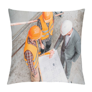 Personality  High Angle View Of Builders And Architect Discussing Blueprint At Construction Site Pillow Covers