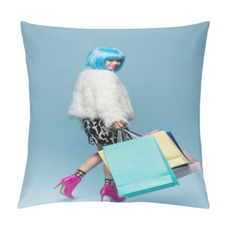Personality  Stylish Asian Woman In Wig And Fluffy Jacket Holding Shopping Bags And Smiling At Camera On Blue Background  Pillow Covers