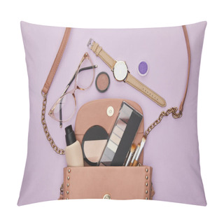 Personality  Top View Of Watch Near Glasses And Bag With Girls Stuff Isolated On Violet  Pillow Covers