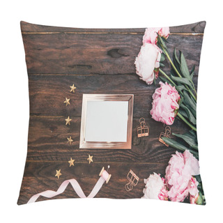 Personality  Beautiful Peonies With White Blank Card On Dark Wooden Table Pillow Covers