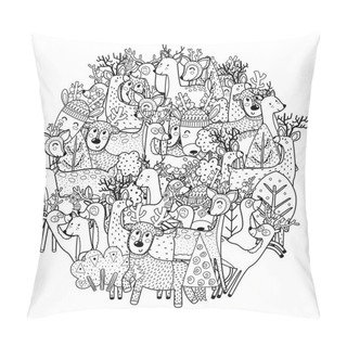 Personality  Circle Shape Coloring Page With Funny Deers. Reindeers Black And White Print Pillow Covers