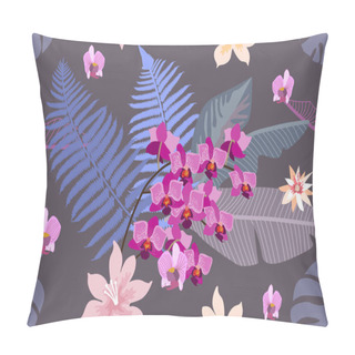 Personality  Delicate Botanical Print With Forest Ferns, Palm Leaves And Orchids On Contrast Background.  Pillow Covers