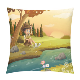 Personality  A Boy Sitting At The Riverbank Pillow Covers