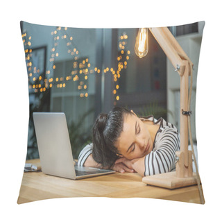 Personality  Hard Working Tired Woman Sleeping At Work Pillow Covers