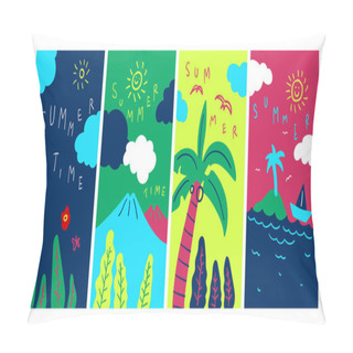 Personality  Summer Flat Colorful Beach And Mountain Kids Doodle Illustration Pillow Covers