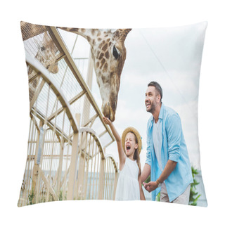 Personality  Selective Focus Of Cheerful Man And Kid With Closed Eyes Feeding Giraffe In Zoo  Pillow Covers