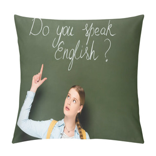 Personality  Girl With Backpack Pointing At Chalkboard With Do You Speak English Lettering Pillow Covers