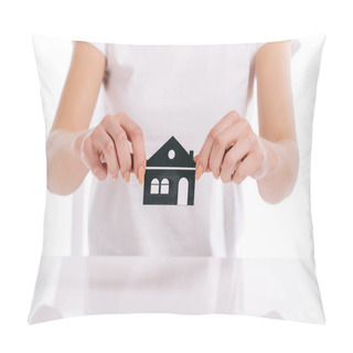 Personality  Cropped View Of Woman Holding Paper House Isolated On White, Mortgage Concept Pillow Covers