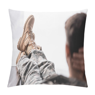 Personality  Military Boots On Soldier Resting On Blurred Foreground  Pillow Covers