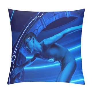 Personality  Futuristic Technologies, Alien In Goggles Near Innovative Equipment In Neon Light Of Science Center Pillow Covers