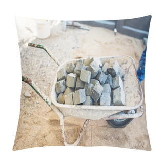 Personality  Industrial Wheelbarrow Full Of Cobblestone, Used For Pavement On Roads, Paths And Sidewalks. Construction Details And Tools On Building Site Pillow Covers