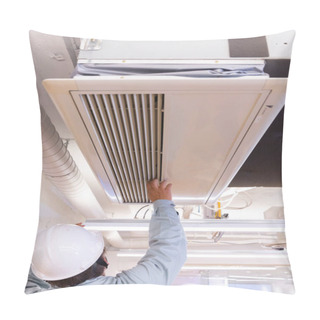 Personality  Male Worker In White Helmet Checking Air Conditioning Equipment Pillow Covers