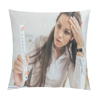 Personality  Selective Focus Of Businesswoman In Hot Office Looking At Thermometer Pillow Covers