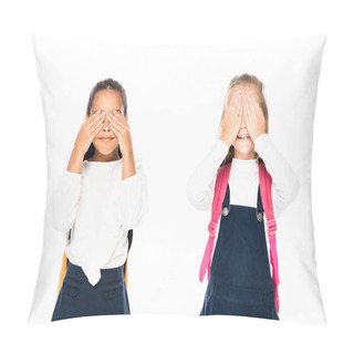 Personality  Two Multicultural Schoolgirls Covering Faces With Hands Isolated On White Pillow Covers