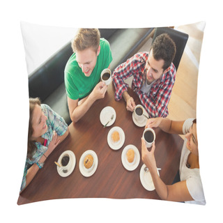 Personality  Four Smiling Students Having A Cup Of Coffee Chatting Pillow Covers
