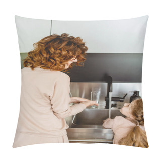 Personality  Happy Mother And Daughter Looking At Each Other While Washing Hands  Pillow Covers