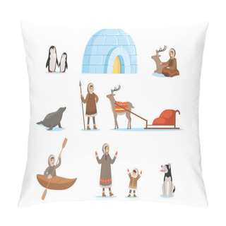 Personality  Eskimo Characters In Traditional Clothing And Their Arctic Animals. Life In The Far North. Set Of Colorful Cartoon Detailed Vector Illustrations Pillow Covers