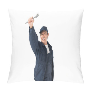 Personality  Handsome Plumber In Uniform Holding Adjustable Wrench Isolated On White Pillow Covers