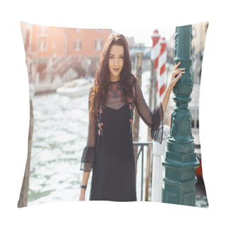 Personality  Travel Tourist Woman On Pier Against Beautiful View On Venetian Chanal In Venice, Italy. Pillow Covers