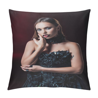 Personality  Scary Vampire Girl With Fangs In Black Gothic Dress Touching Face On Black Background Pillow Covers