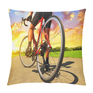 Personality  Cyclist On A Road Bike In The Rural Landscape At Sunset. Pillow Covers