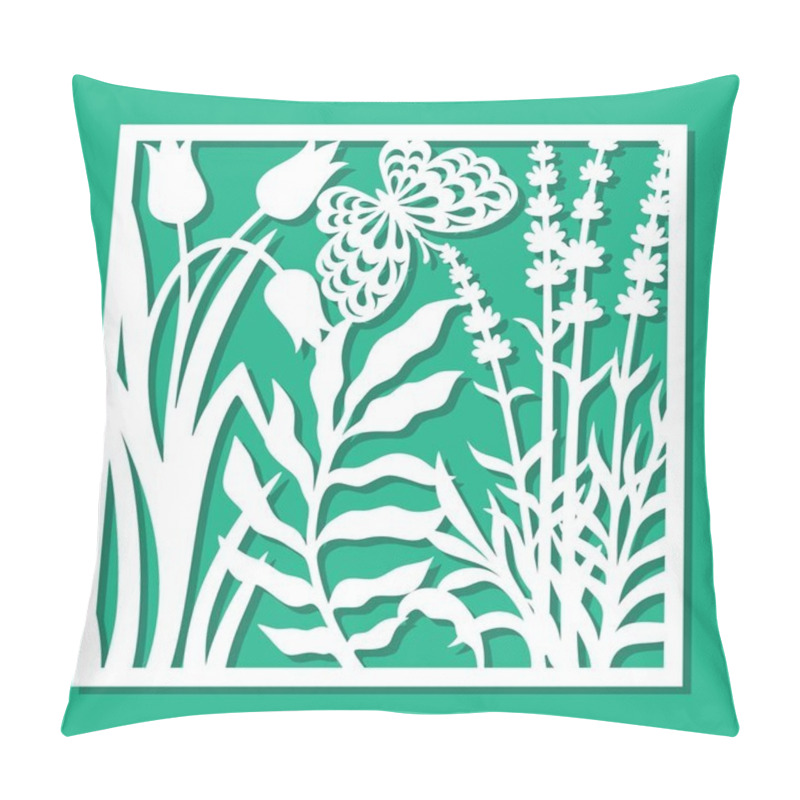 Personality  Square panel with flowers and a butterfly. Painting with a floral motif, lavender, bluebells, tulips, leaves. Template for plotter laser cutting of paper, metal engraving, wood carving, cnc. Vector. pillow covers