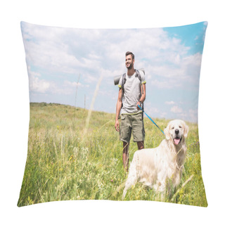 Personality  Traveler With Backpack Walking With Golden Retriever On Summer Meadow With Cloudy Sky Pillow Covers