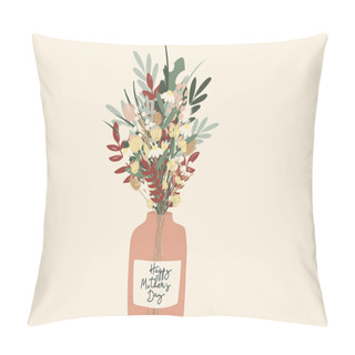 Personality  Illustration Of Bouquet With Flowers In Vase Near Happy Mothers Day Lettering On Beige Pillow Covers